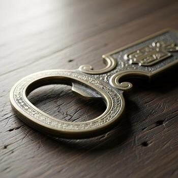 Exquisite Macro Shot of a Vintage Metal Opener on Textured, Weathered Wood, Emphasizing Intricate Details under Soft, Natural Daylight Illumination. photo