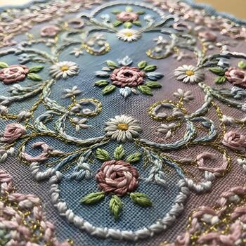 Macro Elegance An intricately embroidered handkerchief fabric displaying exquisite delicate textures, soft pastel hues, and refined patterns in gentle morning light photo