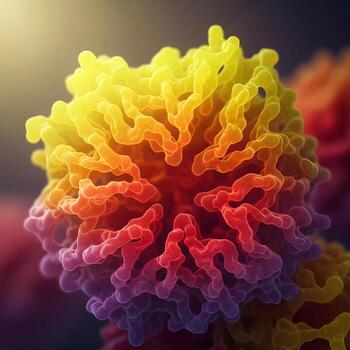 Exquisitely Ethereal Kaleidoscope Macro Exploration of Vibrant Xanthorhodopsin Microstructure Illuminated by Soft, Glowing Organic Patterns Against an Upscale High-Definition Background photo