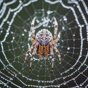 A Delicate Close-Up of Nature's Intricacy The Dew-Dappled Spider, Weaving Its Stunning, Intricate Web Under a Soft, Enchanting Morning Light. photo