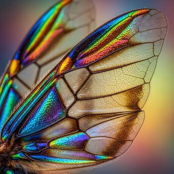 Vibrant Insect Wings Macro View Exquisite Hyperchromatism and Delicate Textures Under Soft Bokeh, Evoking a Kaleidoscopic Tapestry of Nature's Art photo