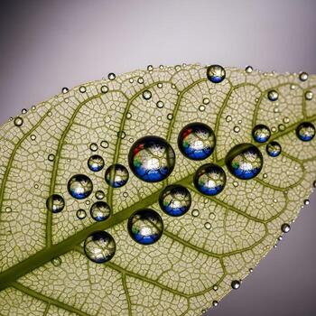 elegante macro capturar de vibrante gotas de rocío reflejando en un translúcido hoja debajo suave, difundido natural ligero para un exclusivo estético foto