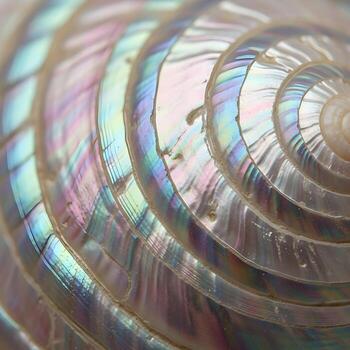 Intricate macro close-up of iridescent nacre, showcasing subtle shimmering colors and exquisite, elegant natural mollusk shell texture in pure detail. photo