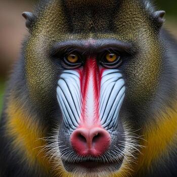 Vibrant Mandrill Macro Portrait Capturing Intricate, Gleaming Fur, Expressive Eyes, and Lush Blurred Jungle Backdrop to Visually Exude Primal Nature. photo