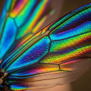 Intricate Macro Portrait of an Iridescent Insect Wing Showcasing Hyperchromatism, Vibrant Colors, and Subtle Gradients Under Enchanting Soft Natural Light photo