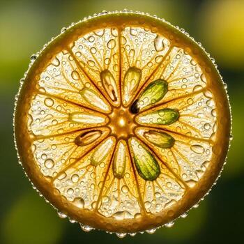 Macro Revelation A Dew-Kissed Xanthocarpio Fruit Slice with Intricate Yellow Textures and Organic Bokeh Patterns in a Serene Glow photo
