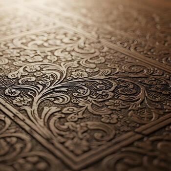 Macro Elegance Intricate Engravings on Aged Wood Revealing Exquisite Patterns and Textures in Soft Ambient Light for Upscale Artistry photo