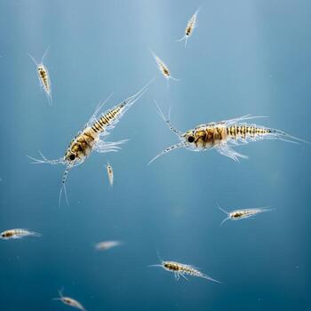 Macro Underwater Artistry Translucent and intricately patterned zooplankton drifting gracefully in ambient underwater light, revealing delicate textures and serene elegance. photo