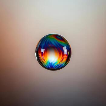 Macro Portrait of a Suspended Vibrant Liquid Droplet Dazzling Iridescent Textures in Soft Ambient Light Highlighting Upscale Fluid Elegance Perfectly. photo