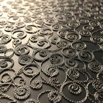 Intricate Metallic Filigree A Macro Exploration of Curvilinear Elegance and Mesmeric Patterns on a Brushed, Shimmering Metallic Surface at Close-up. photo