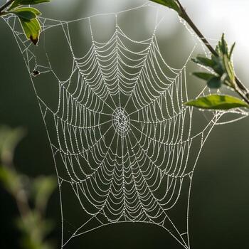 Intricate Dew-Dappled Spiderweb A Subtle Macro Journey Revealing Nature's Delicately Textured, Ethereal and Exquisite Hidden Wonders in Every Droplet Detail. photo