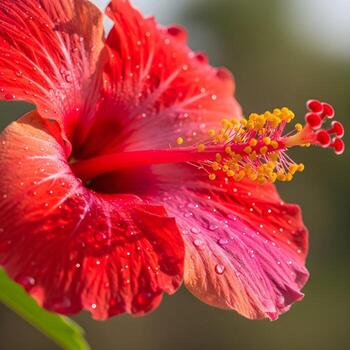 Vibrant Hibiscus Macro Illuminated Petal Detailing Intricate Textures, Soft Color Gradients, and a Serene, Blurred Natural Backdrop Embracing Nature's Elegance photo