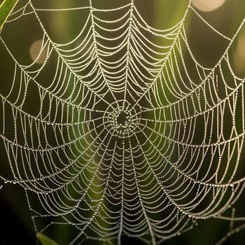 Up Close Elegance A Macro Capture of a Dew-Drenched Cobweb with Delicate Silk Strands and Shimmering Droplets in Ethereal Early Morning Light photo