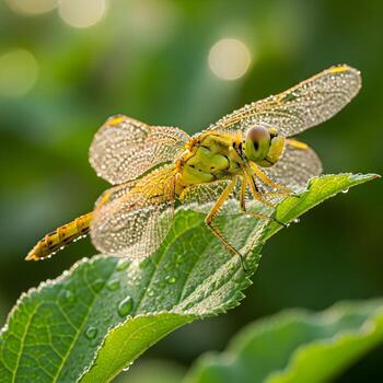 Macro Masterpiece Vivid Yellow Dragonfly Resting on a Dew-Laden Leaf with Intricate Wing Textures and Elegant Natural Patterns in Focus photo