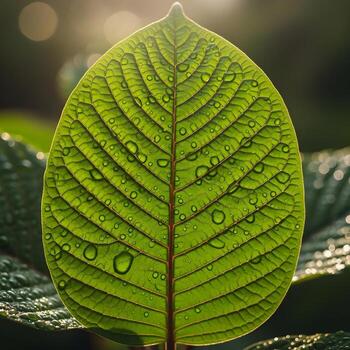 Intricate Macro Photography of a Dew-Kissed Kratom Leaf Capturing Vibrant Textures, Delicate Natural Patterns, and Organic Simplicity in Soft Light photo