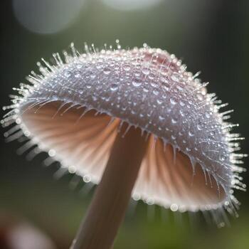 intrincado macro capturar de un besado por el rocío seta gorra delicado, como un mechón caracteristicas en suave difundido luz, revelador exquisitamente detallado orgánico texturas foto