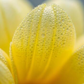 Macro Artistry A Deft Close-Up of a Dew-Laden, Vibrant Yellow Flower Petal with Soft, Dreamlike Bokeh and Delicate Light Gradients. photo
