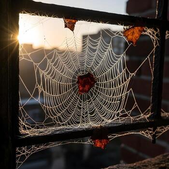 antiguo cargado de rocío telaraña un sorprendentes macro maravilla capturado en suave, etéreo Mañana luz, evocando eterno texturas y delicado urbano decadencia. foto