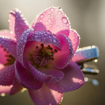 macro de cerca de un vibrante, besado por el rocío florecer bañado en suave, difuso natural luz, capturar delicado pétalos y muelles esencia foto