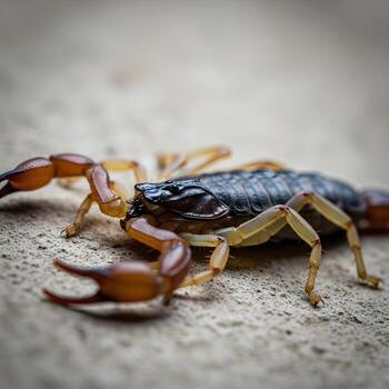 Intricate Macro Photograph of a Scorpion Resting on a Textured Surface, Highlighted by Delicate Ambient Light and Natural Organic Patterns photo