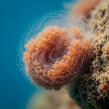 Macro shot of vibrant plankton clusters in swirling pristine ocean water, unveiling intricate organic textures and delicate patterns in graceful motion. photo