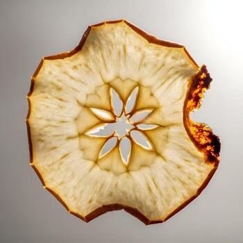 Intricate Honeycrisp Chip Macro A Detailed Exploration of Golden Hues, Elegant Texture, and Refined Minimalism Amidst a Soft, Contemporary Backdrop. photo