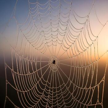 Enigmatic Dawn A Close-Up Journey Into the Delicate, Intricate Dew-Kissed Spider Web Bathed in Ethereal Ambient Morning Shadows Under Nature's Gaze photo