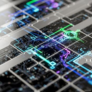 Glimmering Holographic Macro A Vibrant Cascade of Digital Light Patterns Dancing along Futuristic Textures in a High-Definition Hightech Visual Display photo