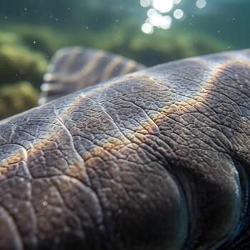 Macro Exposition of a Catshark's Textured Skin Captivated by Soft Underwater Illumination and Ambient Marine Reflections, Showcasing Intricate Scale Patterns photo