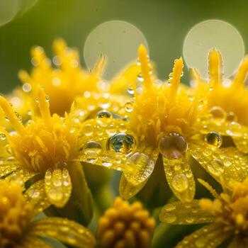 Golden Morning Radiance Artistic Macro Shot of Dewy Goldenrod Petals, Capturing Intricate Textures with a Dreamy Bokeh and Soft Focal Charm photo