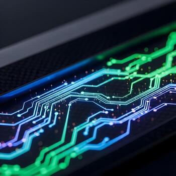 Mesmerizing Macro Shot of Intricate Nanoelectroglow Effects, Exquisitely Shimmering Micro-Circuit Patterns, and Dynamic Vibrant Luminescent Textures on Sleek, Futuristic Surfaces Under a Radiant Glow photo