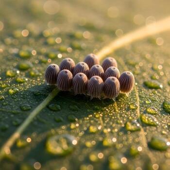 A Mesmerizing Macro Close-Up Exquisite Insect Eggs Scatter Subtly Across a Glowing Dew-Sparkled Leaf Bathed in Tranquil, Radiant Morning Light photo