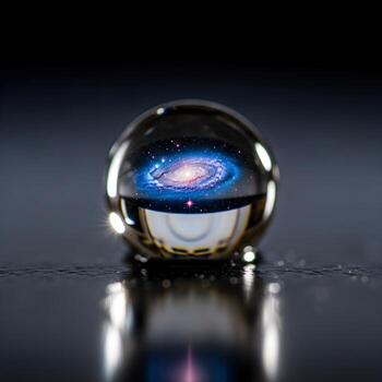 A mesmerizing macro capture reveals a shimmering water droplet reflecting a cosmic swirl, evoking an ethereal, upscale realm of wonder. photo