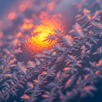 Intricate Macro Encounter Delicate Frost Merging Elegantly with Fiery, Iridescent Reflections, Unveiling Luminous Textural Details in a Softly Focused Dance photo