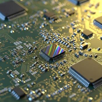 A Mesmerizing Extreme Close-Up Unveiling Intricate Metallic Circuitry with Vibrant Reflections, Detailed Textures, and a Futuristic Glow on Modern Electronic Components photo