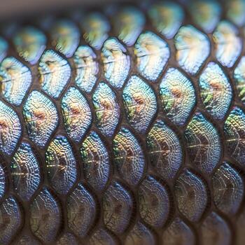 Mesmerizing Ultramicropiscq Macro View Shimmering Fish Scales and Intricate Textures Merge in a Minimalist, Captivating Aquatic Essence Against a Soft, Isolated Backdrop photo