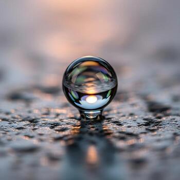 A mesmerizing macro exploration of a minuscule metallic droplet shrinking gracefully on a textured surface, reflecting surreal ambient light patterns photo