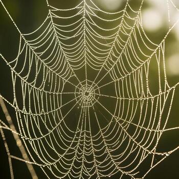 Glistening Spider Web at Dawn A Captivating Macro Exploration of Dew-Dotted Threads Amidst a Soft, Dreamy Natural Backdrop Unfolding Elegance photo