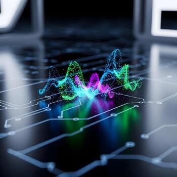 Macro View of Luminous Quantumflux Energy Unveiling Vibrant Glowing Particles Dancing on Sleek, Reflective Futuristic Surfaces Guided by Minimalistic Lighting photo