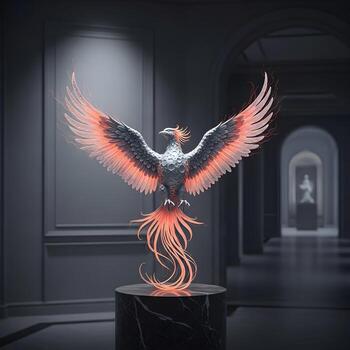 Celestial Lunarphoenix Ethereal Silver Moon Sculpture Radiantly Illuminated by a Subtle Fiery Glow against a Luxe, Upscale, Majestic Artistic Background photo