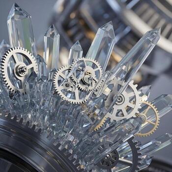 A Macro Exploration of the Intricate Fusion Metallic Gears and Transparent Crystals in Constant, Dynamic Motion with Ambient Lighting photo