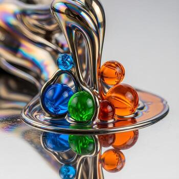 Dynamic Macro Photography Capturing Molten Metal Reflow Merging With Polymer Droplets Over a Sleek Reflective Surface Evoking Modern Material Elegance photo