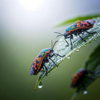macro revelaciones un cautivador de cerca de luminoso insectos en cubierto de rocío hojas abrazado por difundido, etéreo ligero y Rico intrincado texturas foto