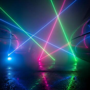 Dynamic Urban Symphony Vivid Neon Laser Beams Illuminate Reflective Metal Textures Amidst Dark Fog, Creating a Striking Minimalist Visual Masterpiece photo