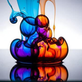 Timeless Ethereal Fusion Macro View of Swirling Fluid Droplets Merging on Reflective Glass with Soft Backlight, Capturing Dynamic, Upscale Elegance photo