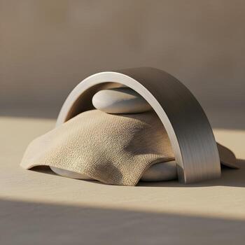 A macro exploration of knoll elegance where natural stone, brushed metal, and soft fabric merge under tranquil ambient radiance photo