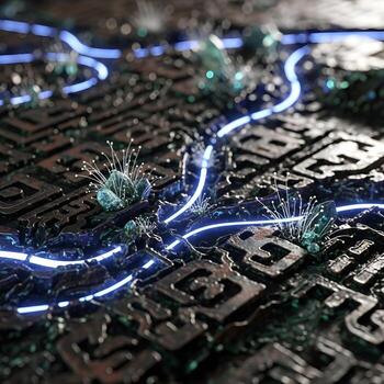 A dynamic macro vista merging futuristic industrial alloy textures with organic, ambiently lit surreal patterns evoking a profound xenomanufacturf ambiance photo