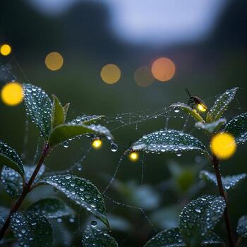 Macro Magic Glowing Fireflies Amid Dewy Foliage Illuminate Twilight with Enchanting, Radiant Bokeh Waves of Serene Ambient Glow and Whimsy. photo