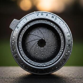 A Mesmerizing Macro Journey of Dew-Crowned Antique Aperture, Where Ambient Light and Smooth Reflections Embrace Timeless Elegance and Intricate Detail photo