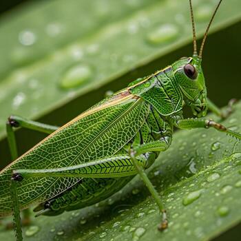 Macro capture of a vibrant insect with intricate wing textures and delicate antennae, softly lit amid a dewy natural landscape photo